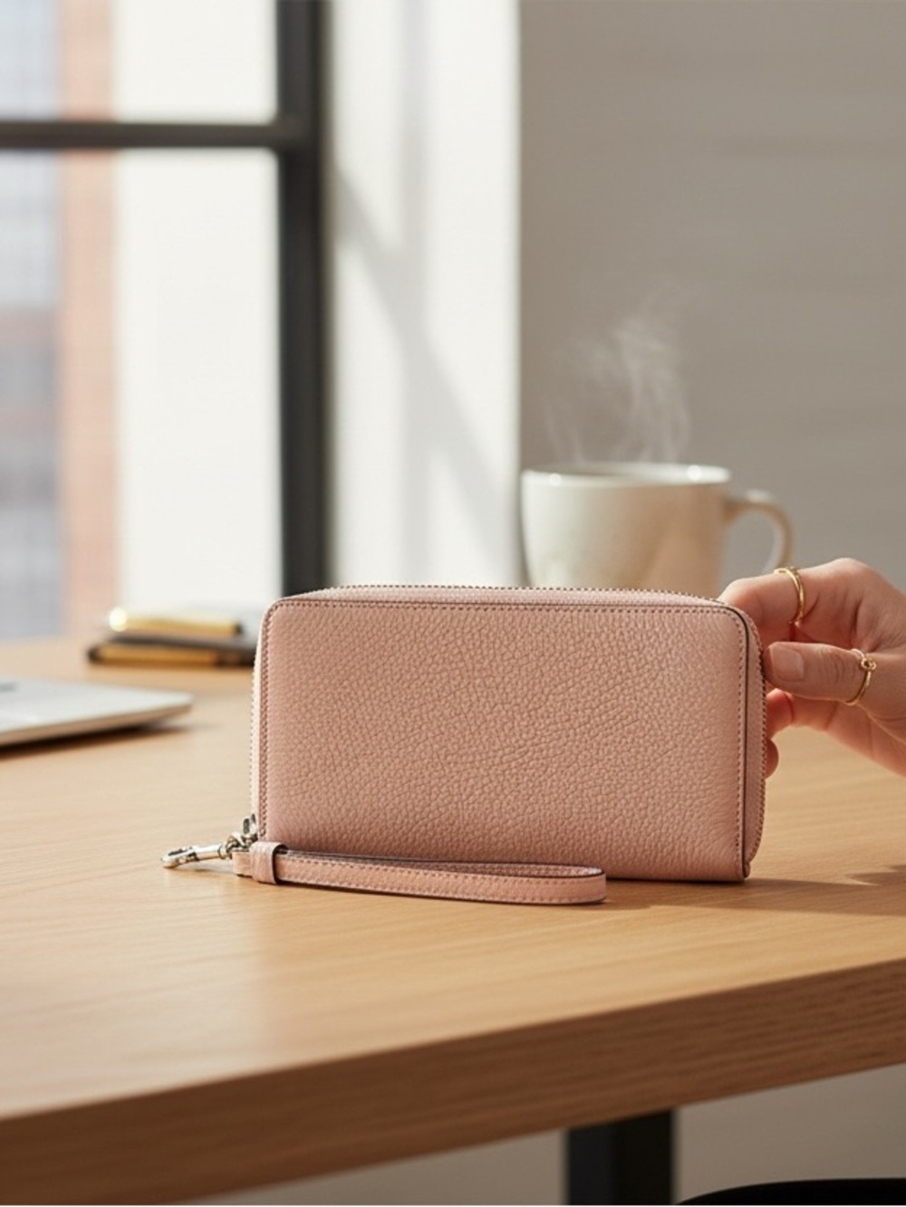 Coach Pebbled Leather Zip Wallet Wristlet - Dusty Pink - Picture 3 of 4